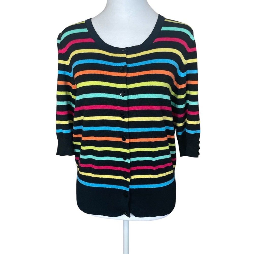 Jillian‎ Nicole Striped Colorful 3/4 Sleeve Cardigan Sweater XL Rainbow Bright